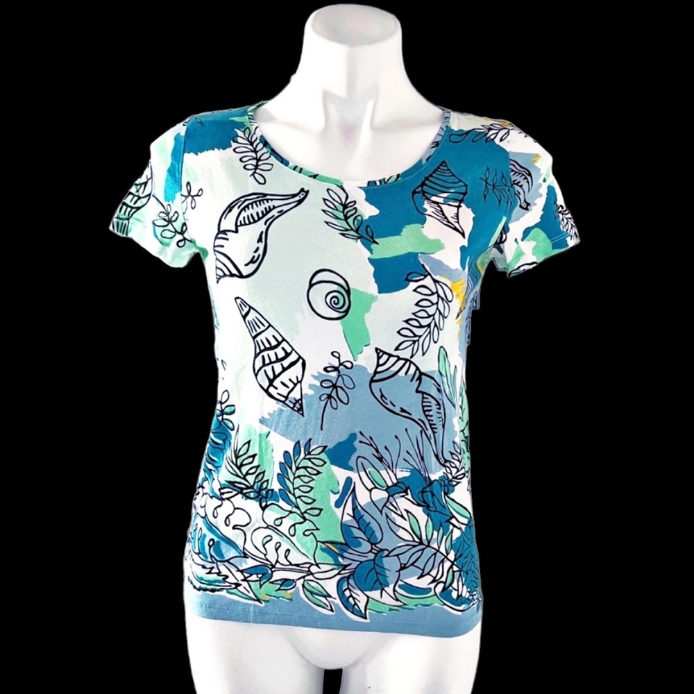 Ann Taylor Crew Neck Top Cotton Marine Green Multi Short Sleeve Size S NEW - Picture 2 of 9